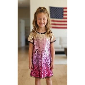 Primark PREMIUM Pink Ombre Sequin Dress Girls Gold Fuchsia Party Shift Dress 6Y